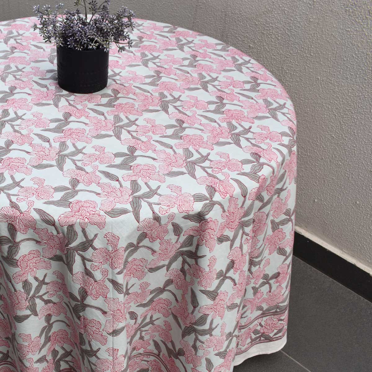 Hand Block Printed Cotton Round Tablecloth 275 cms Orchid Glass 202602
