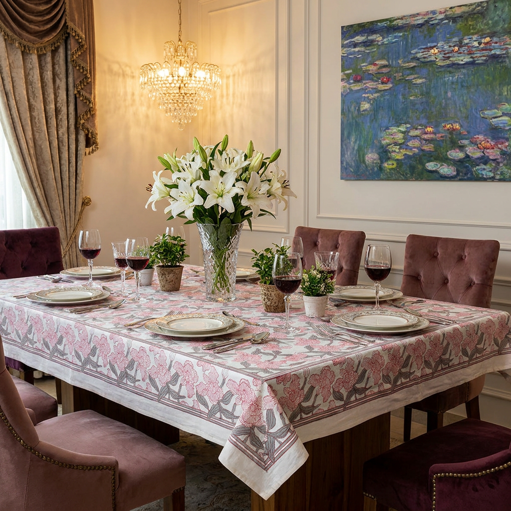 Wood Block Printed Handmade Tablecloth 150x220 cms Orchid Glass 202602