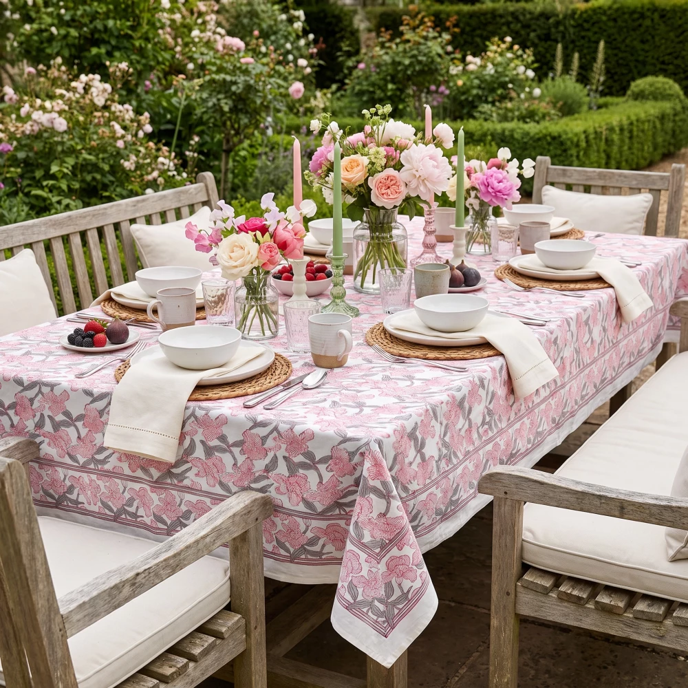 Image of Wood Block Printed Handmade Tablecloth 150x220 cms | Orchid Glass 202602