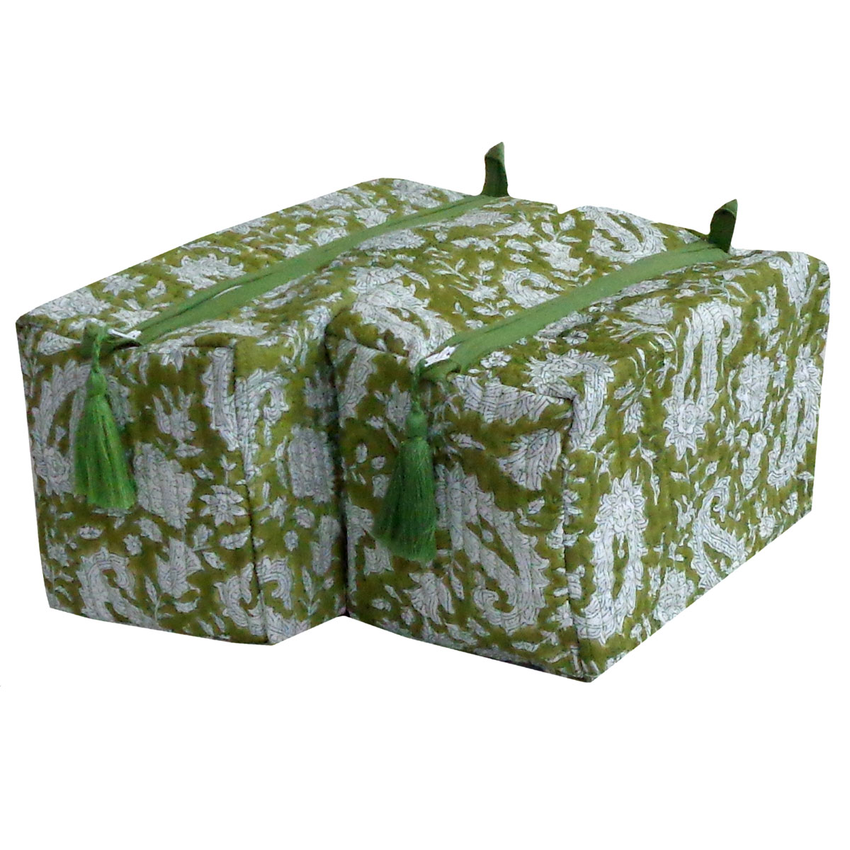 Hand Block Printed Cotton Quilted Cosmetic Bag Set of 2 Paisley Olive 507040