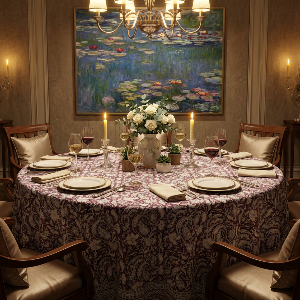 Image of Hand Block Printed Cotton Round Tablecloth 180 cms | Paisley Rose Vine 504851