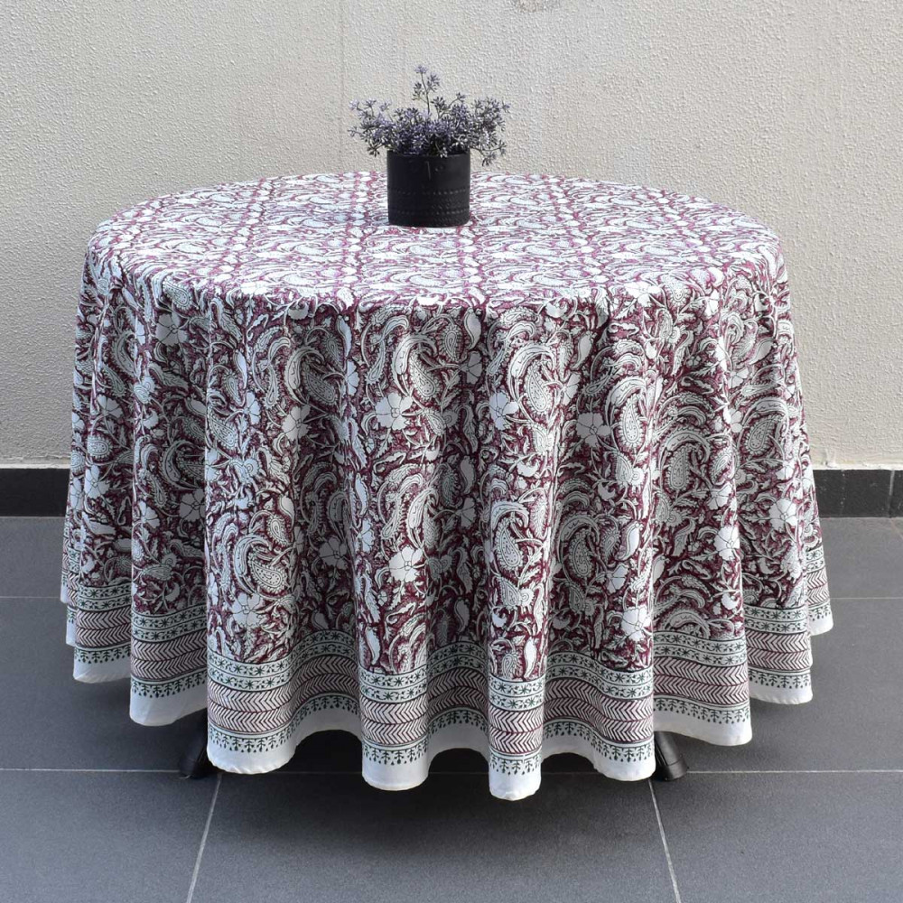 Image of Hand Block Printed Cotton Round Tablecloth 275 cms | Paisley Rose Vine 504851
