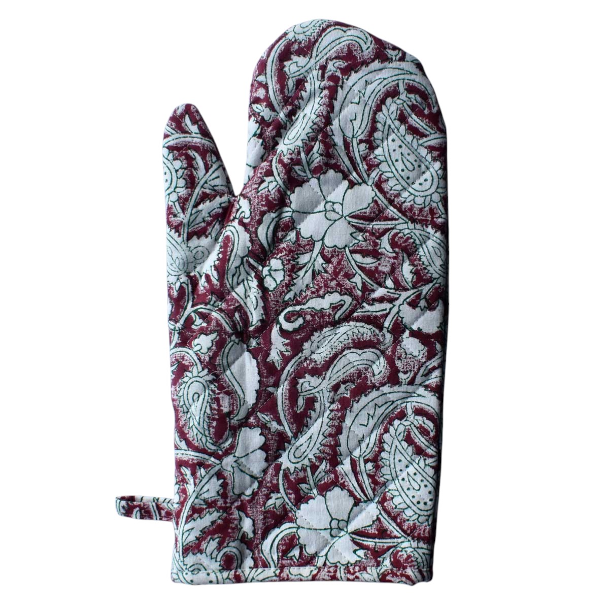 Artisan-Made Hand Block Printed Oven Mitt and Pot Holder Set Paisley Rose Vine 504851