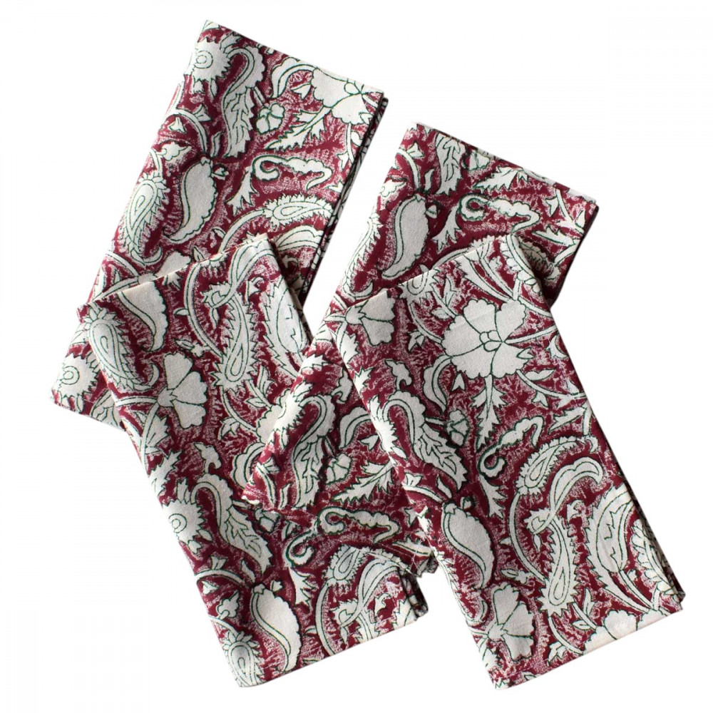 Image of Hand Block Printed Cotton Napkin 45x45 cms (Set of 4 Napkins) | Paisley Rose Vine 504851