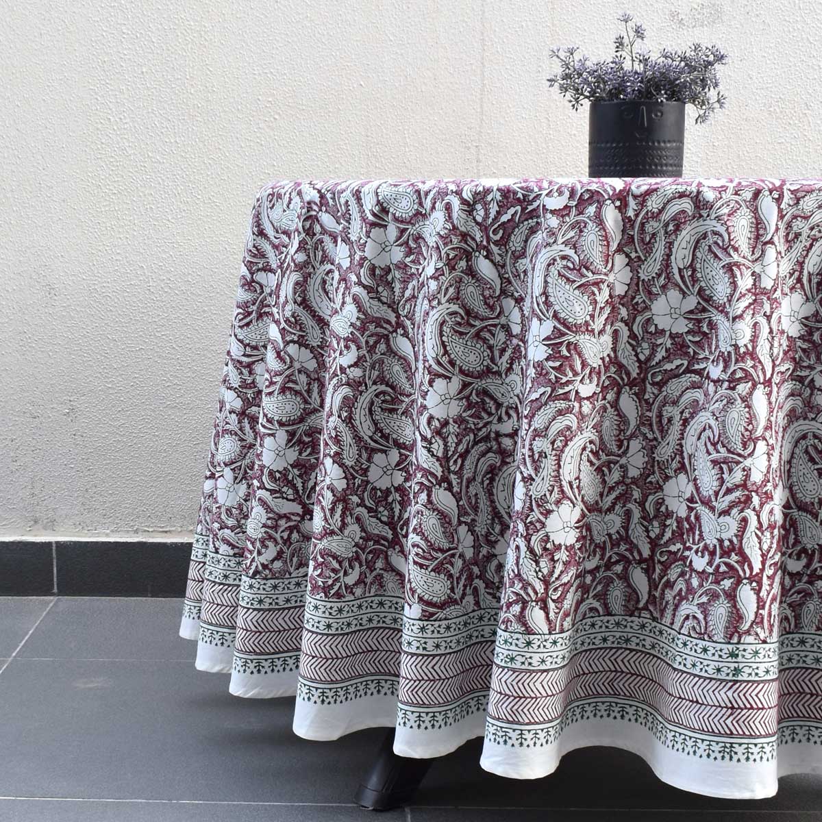 Hand Block Printed Cotton Round Tablecloth 180 cms Paisley Rose Vine 504851