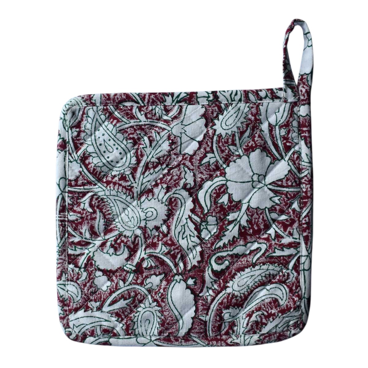 Artisan-Made Hand Block Printed Oven Mitt and Pot Holder Set Paisley Rose Vine 504851