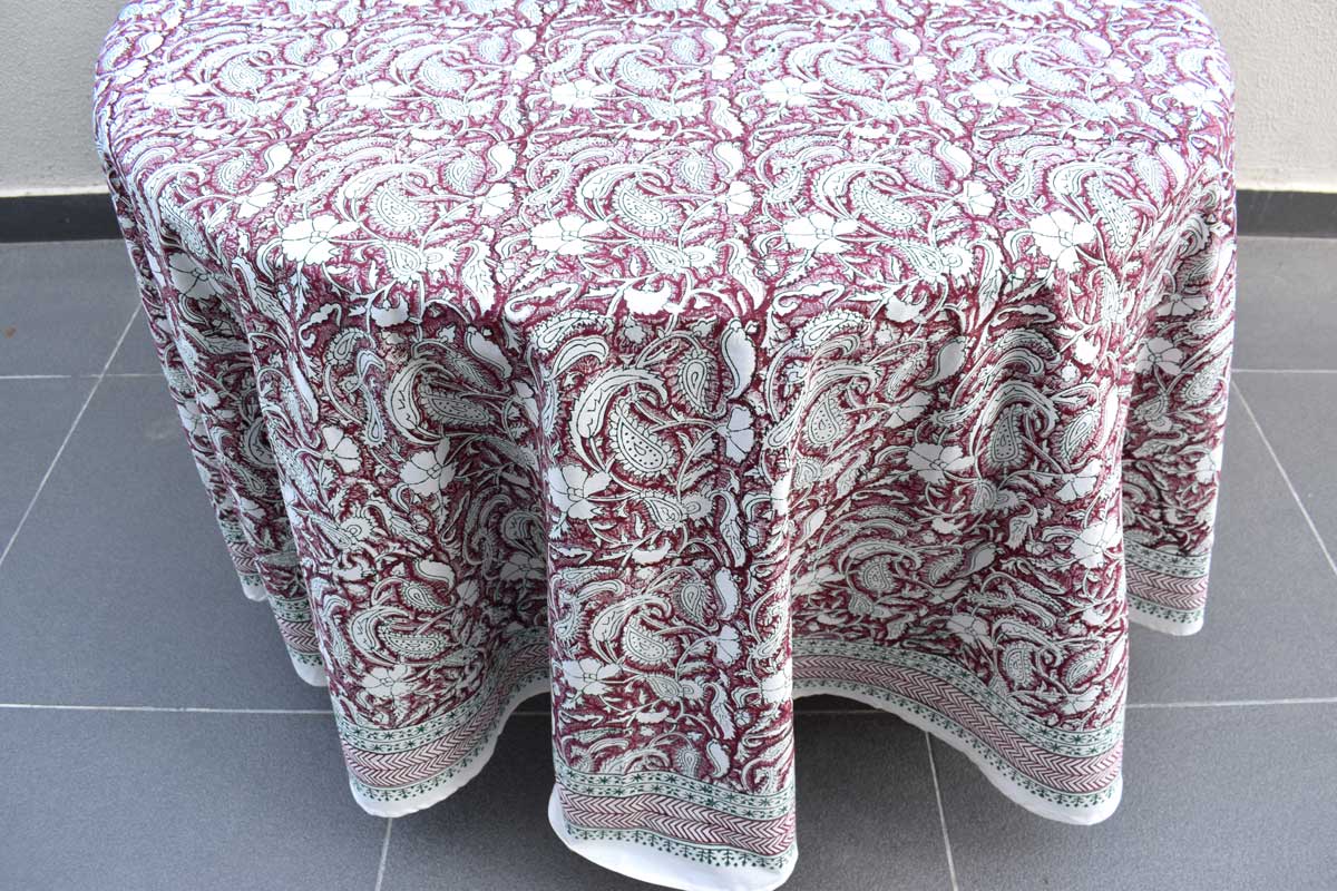 Hand Block Printed Cotton Round Tablecloth 180 cms Paisley Rose Vine 504851