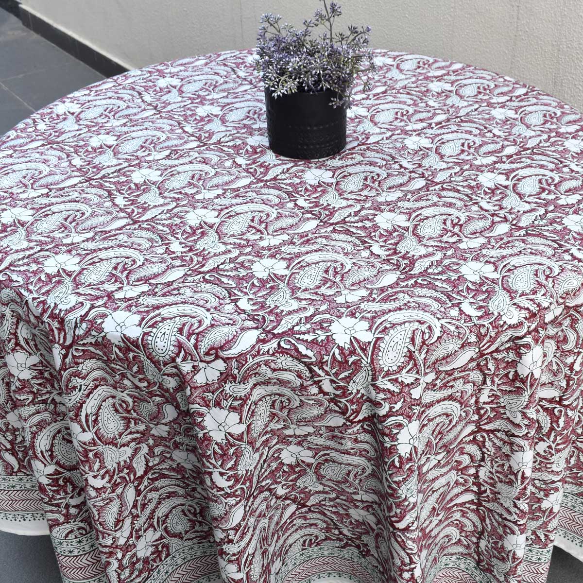 Hand Block Printed Cotton Round Tablecloth 275 cms Paisley Rose Vine 504851
