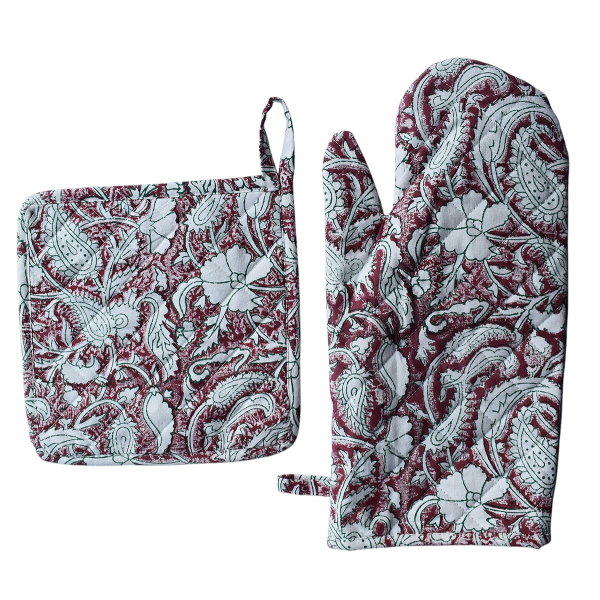 Artisan-Made Hand Block Printed Oven Mitt and Pot Holder Set Paisley Rose Vine 504851