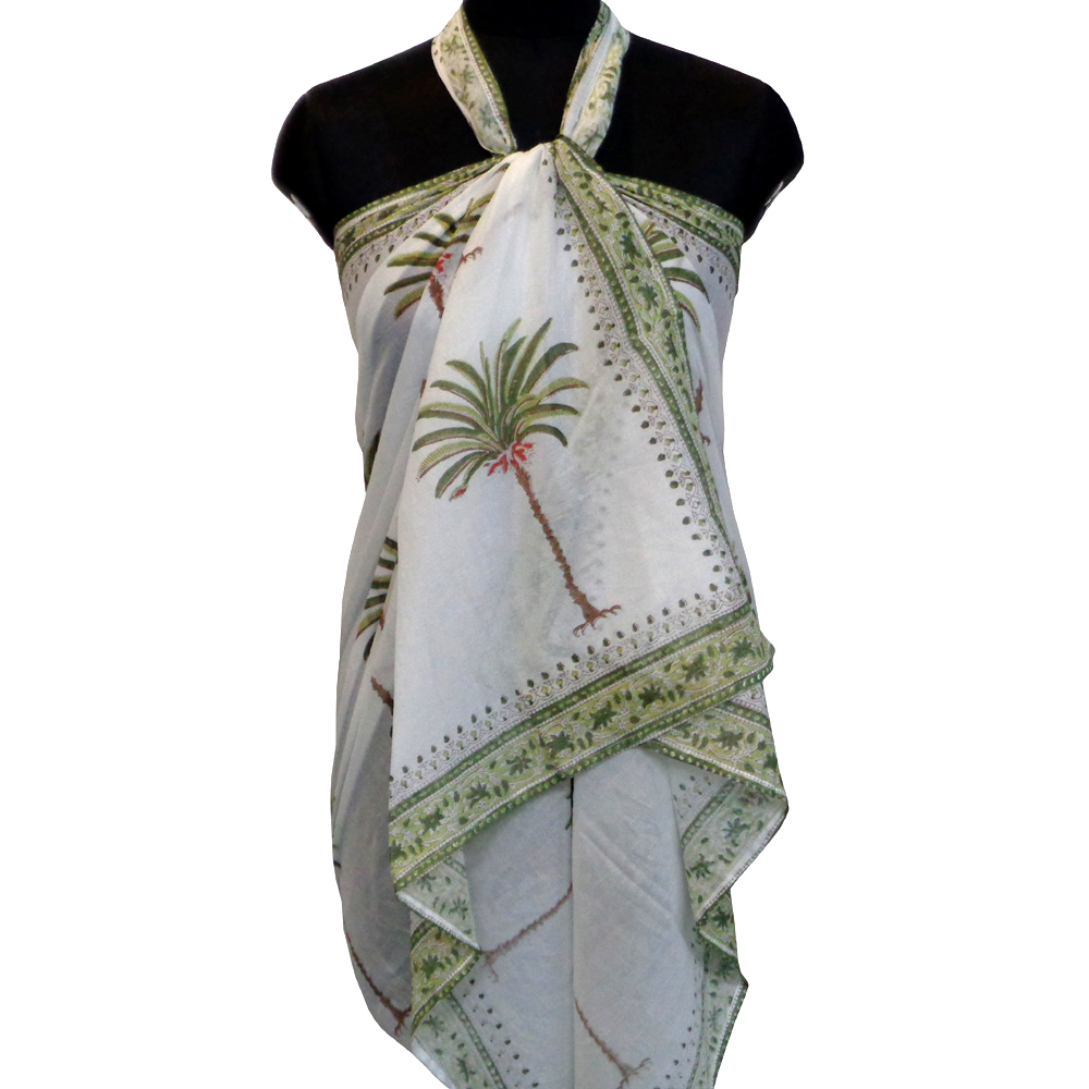 Beach Wrap Sarong Womens Swimwear Wraparound Pareo Soft Cotton Hand Block Printed Palm Tree Green 109024