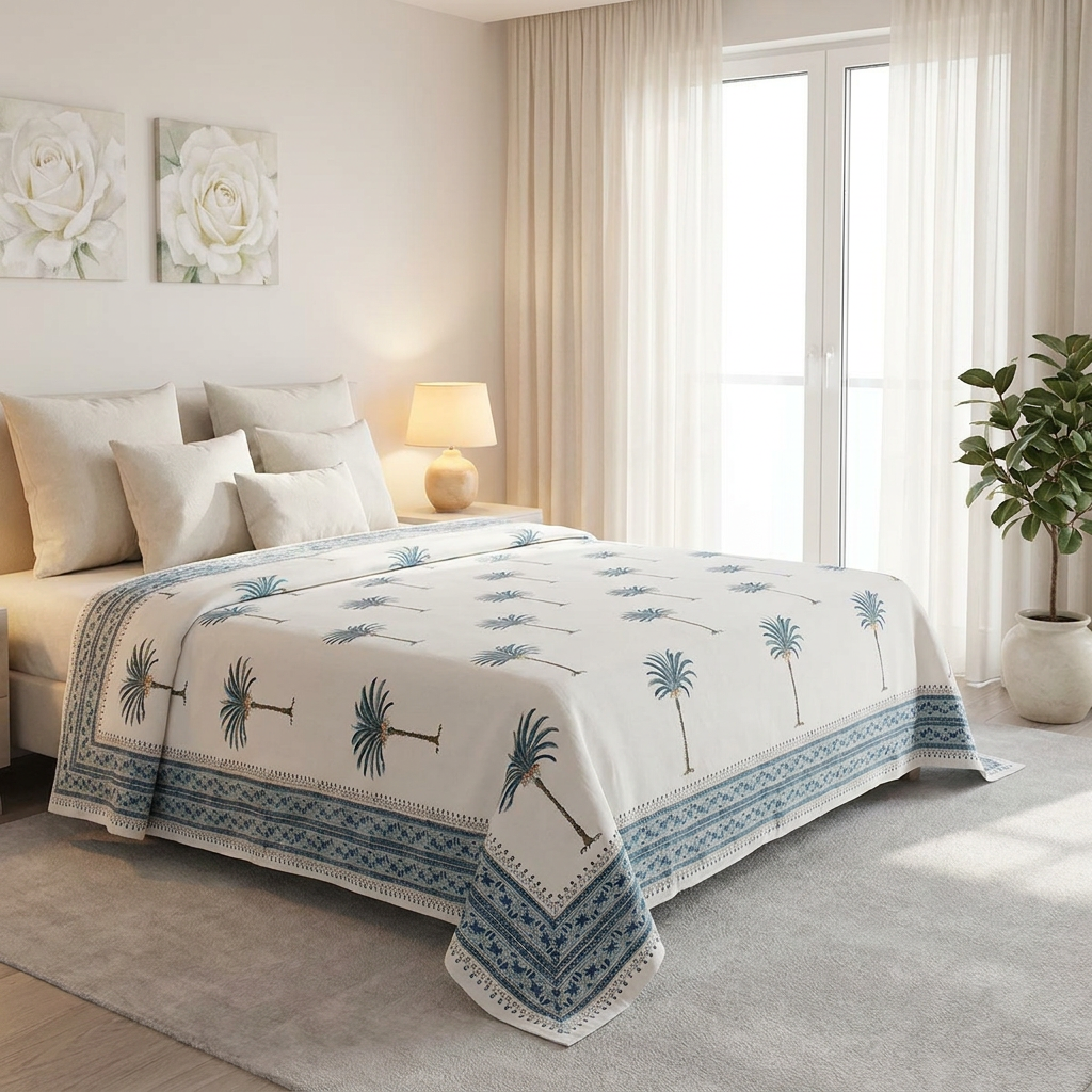 Cotton Block Printed Queen Size Bedspread Palm Tree Blue 102709