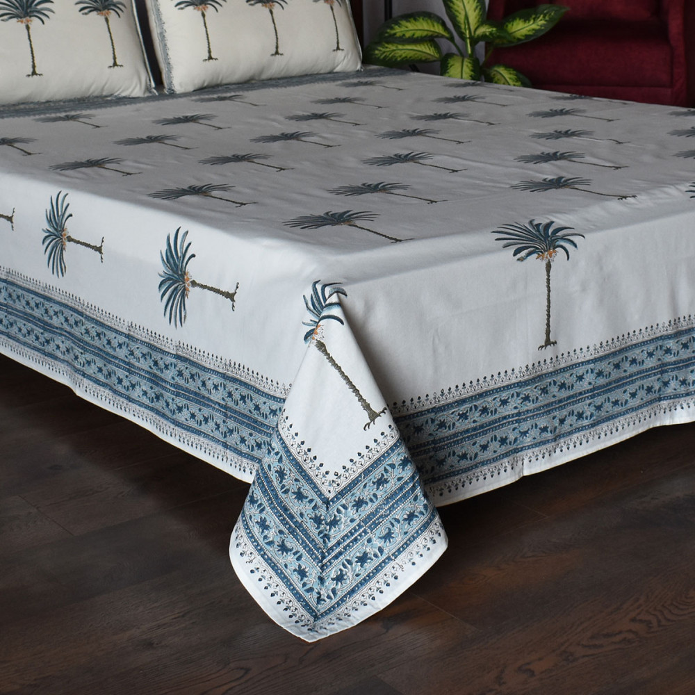 Image of Cotton Block Printed Queen Size Bedspread | Palm Tree Blue 102709