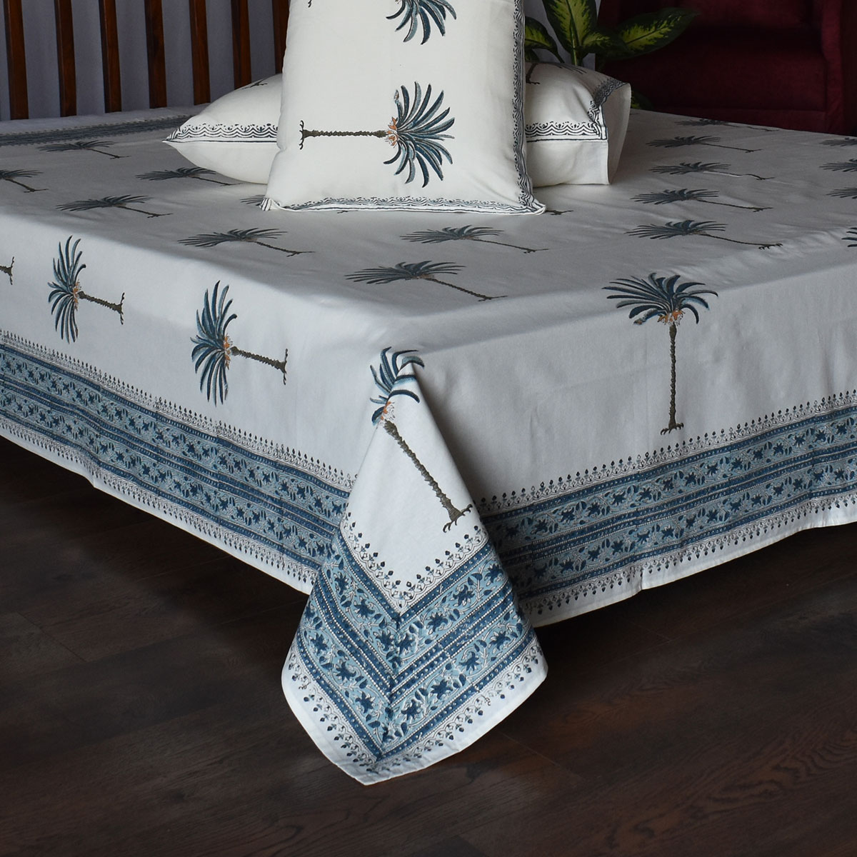 Cotton Block Printed Queen Size Bedspread Palm Tree Blue 102709