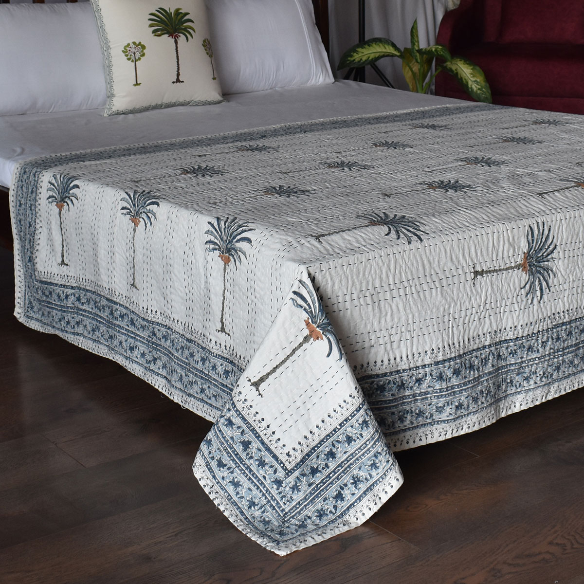 Hand Block Printed Cotton Twin Size Kantha Palm Tree Blue 103363