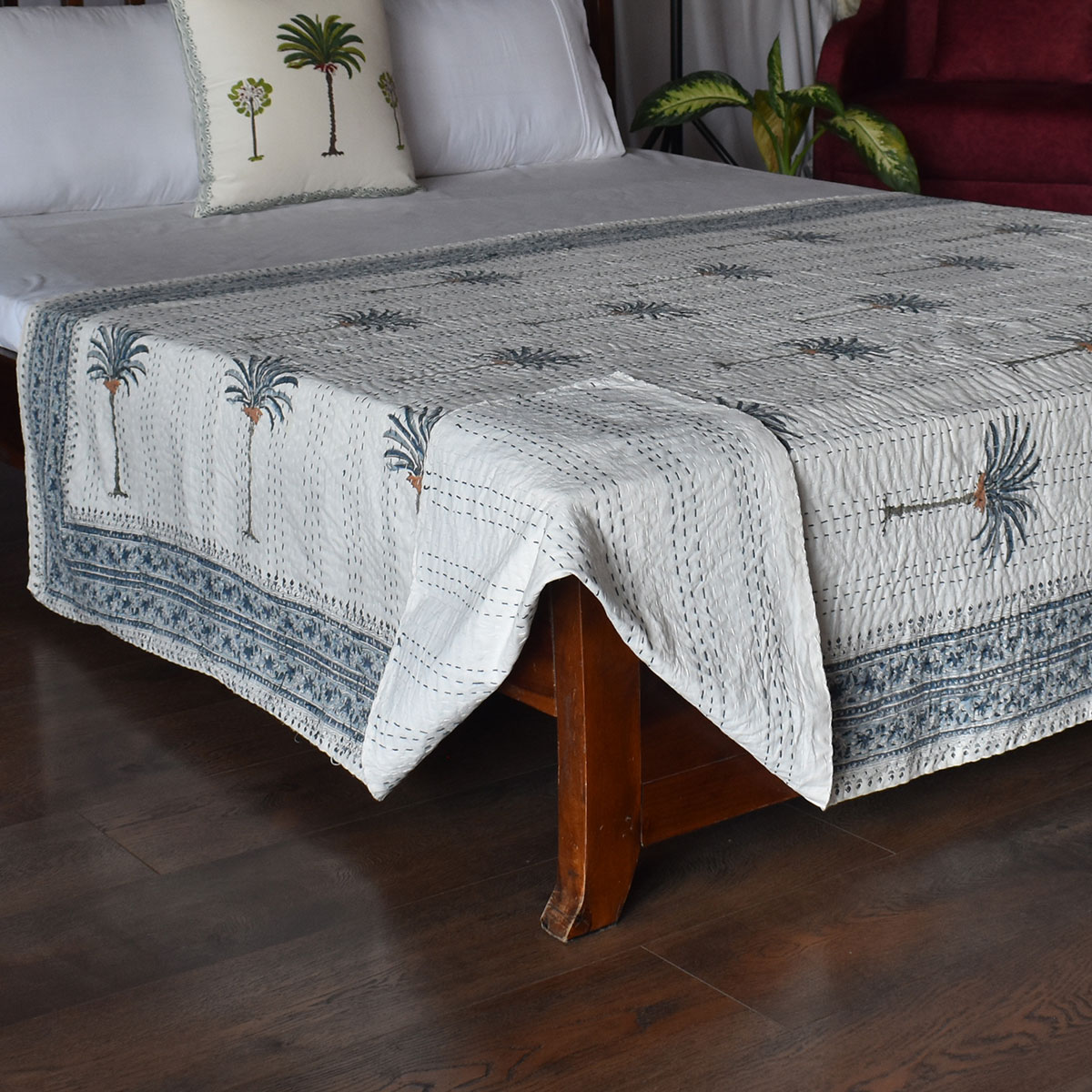 Hand Block Printed Cotton Twin Size Kantha Palm Tree Blue 103363