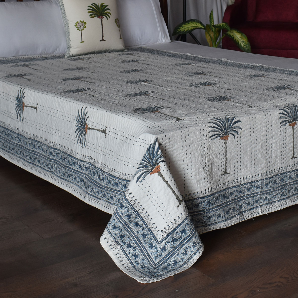 Hand Block Printed Cotton Twin Size Kantha Palm Tree Blue 103363