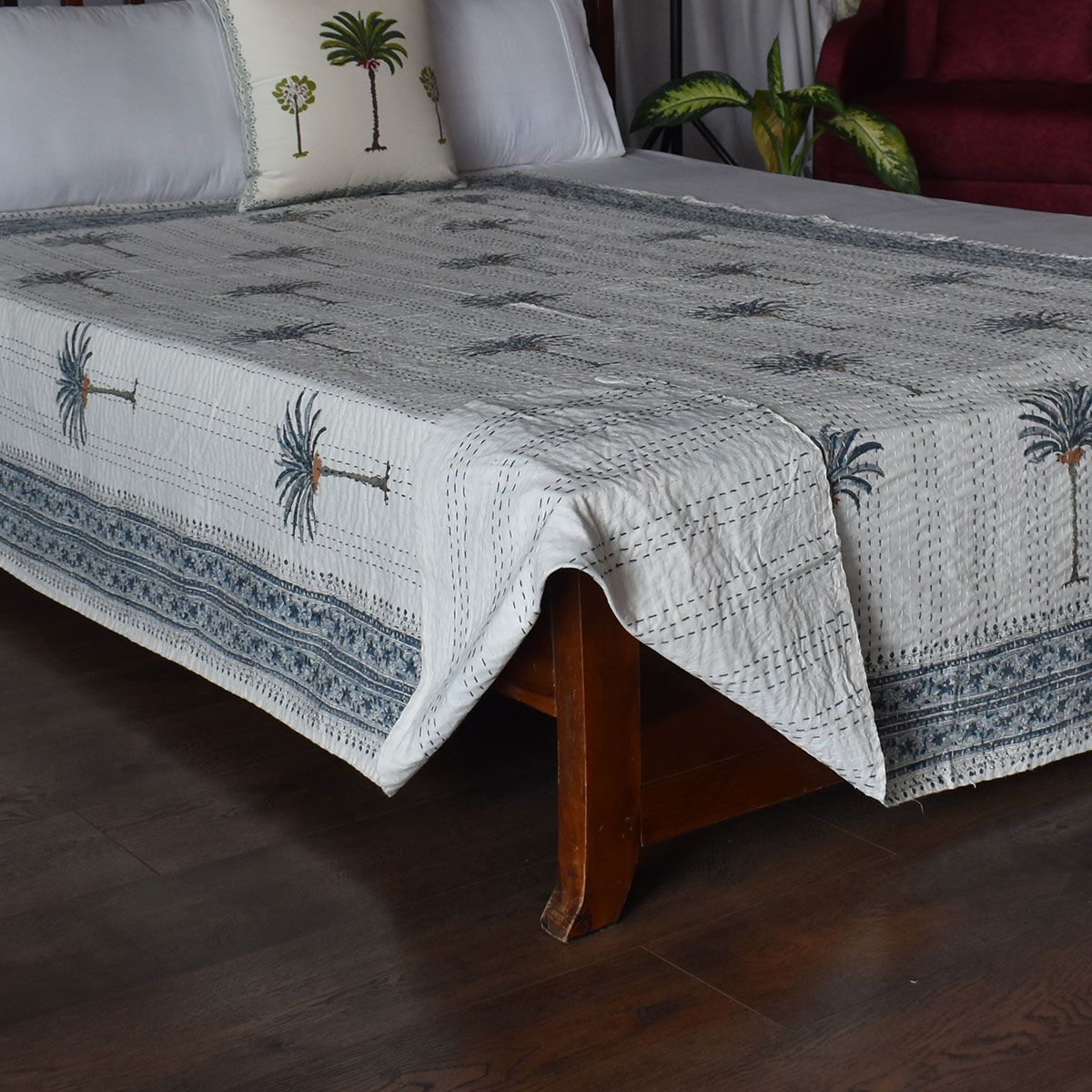 Hand Block Printed Cotton Twin Size Kantha Palm Tree Blue 103363