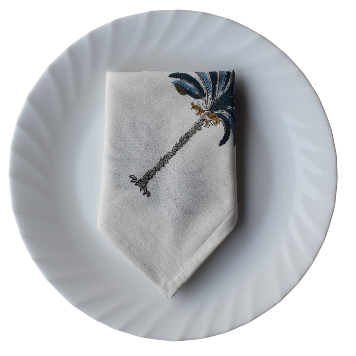 Hand Block Printed Cotton Napkin 45x45 cms Set of 4 Napkins Palm Tree Blue 104890