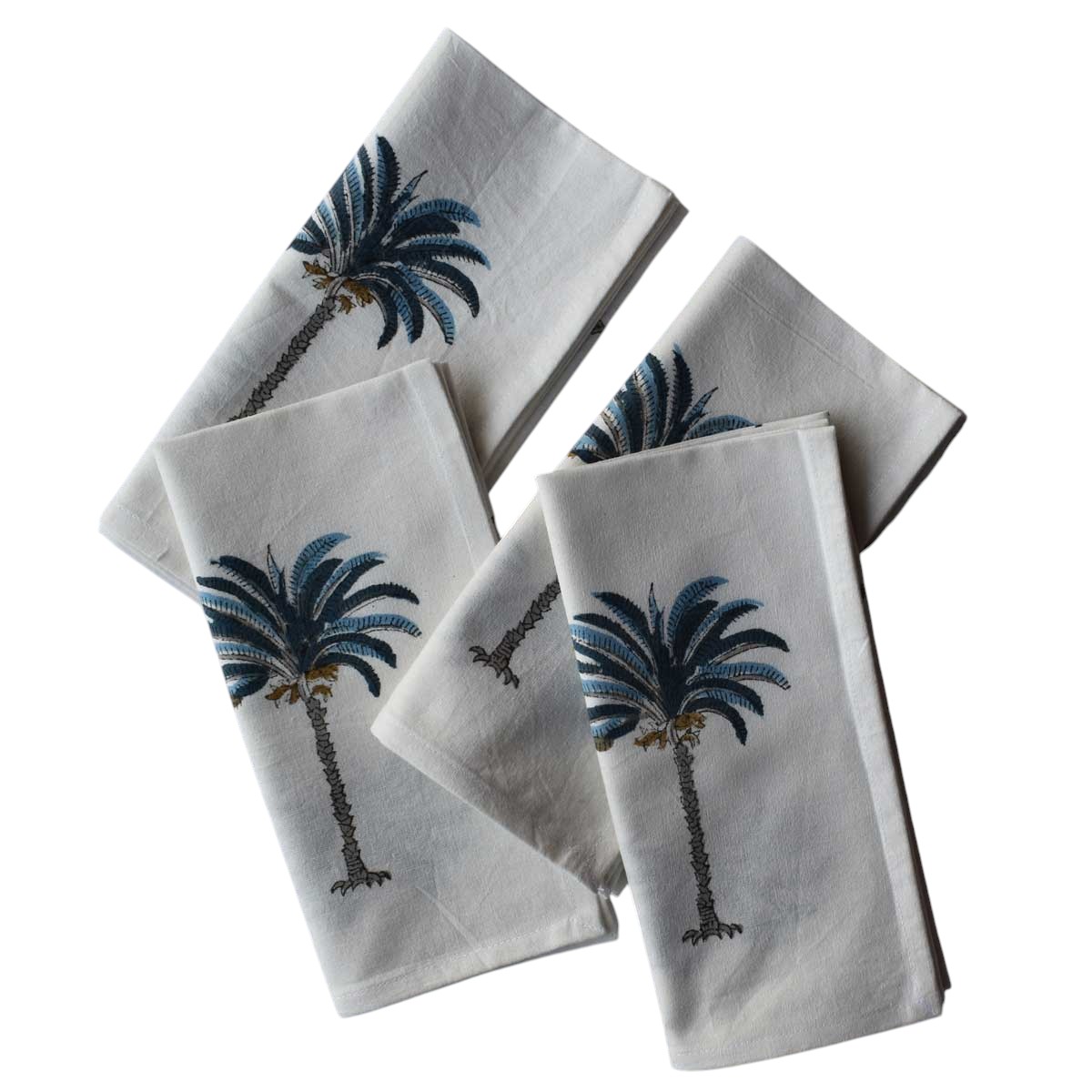 Hand Block Printed Cotton Napkin 45x45 cms Set of 4 Napkins Palm Tree Blue 104890