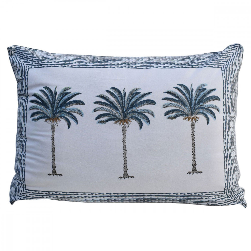 Image of Hand Block Printed Cotton Pillows Cover 50x70 cm (Set of 2) | Palm Tree Blue 104902