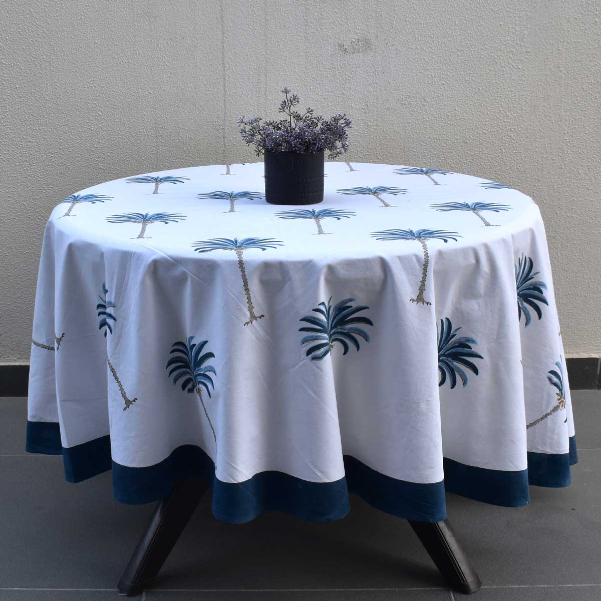 Hand Block Printed Cotton Round Tablecloth 180 cms Palm Tree Blue 105203