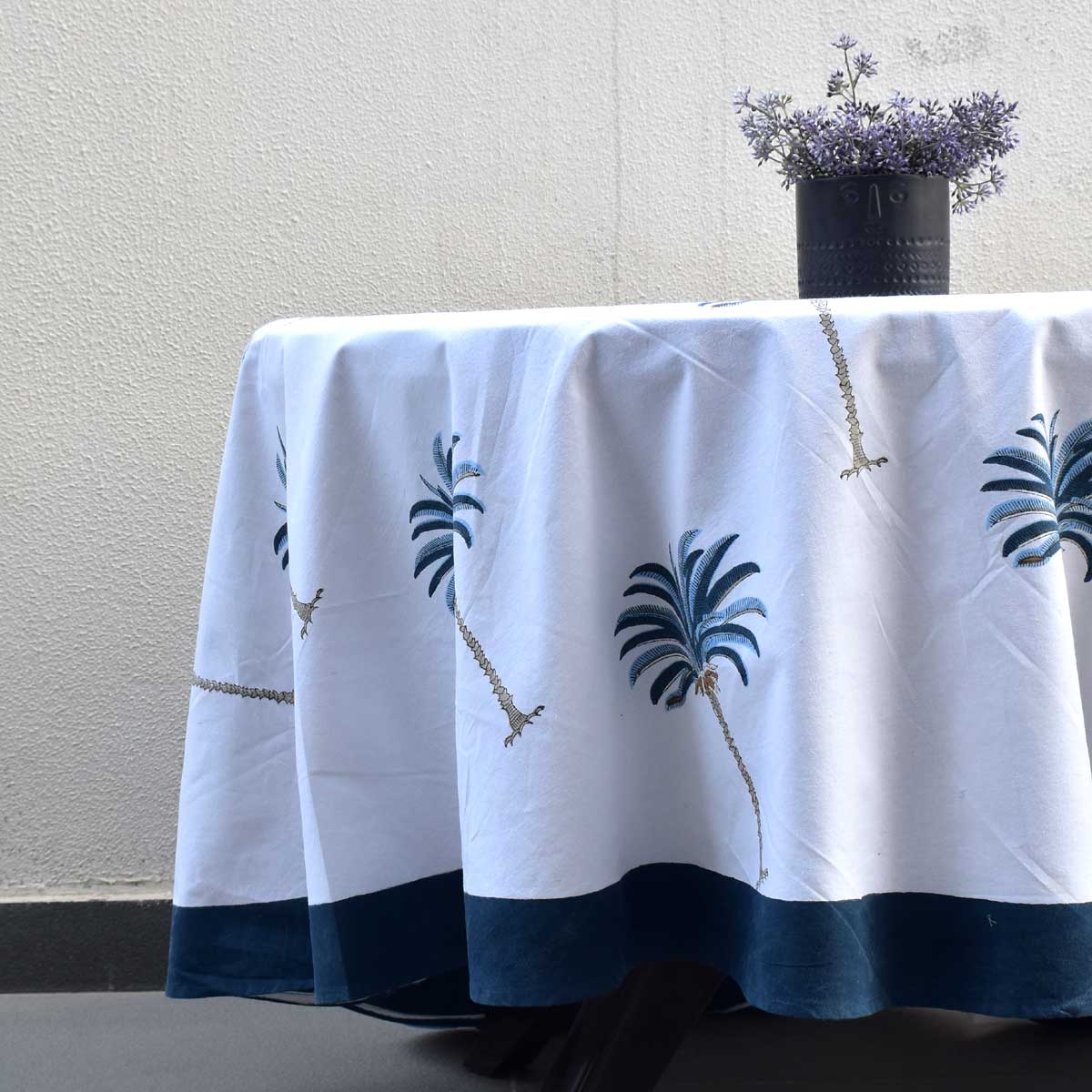 Hand Block Printed Cotton Round Tablecloth 220 cms Palm Tree Blue 105203