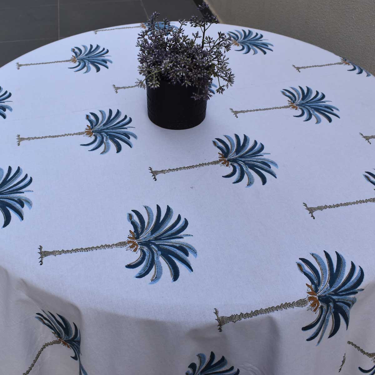 Hand Block Printed Cotton Round Tablecloth 180 cms Palm Tree Blue 105203