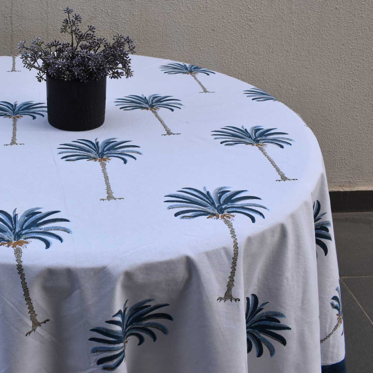 Hand Block Printed Cotton Round Tablecloth 180 cms Palm Tree Blue 105203