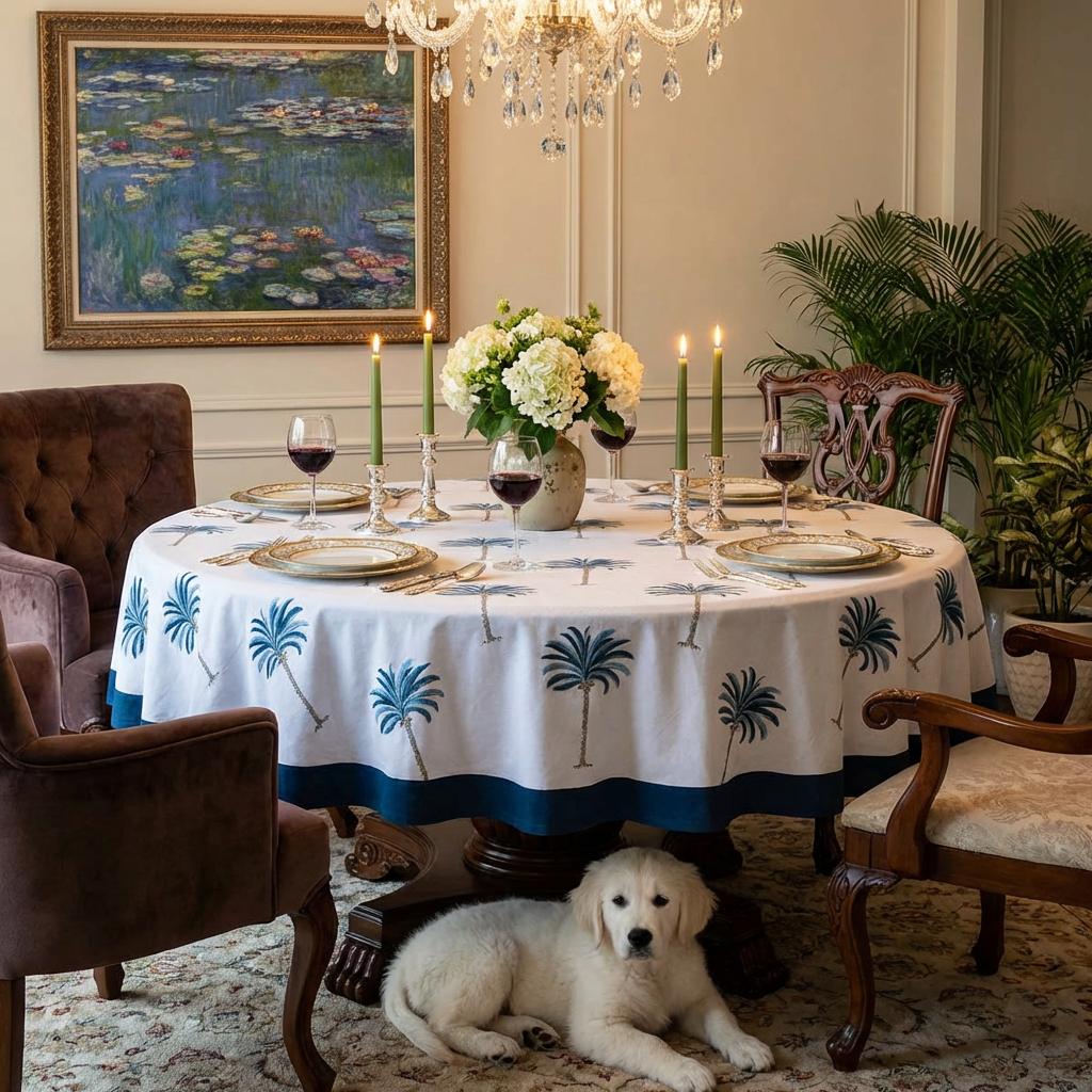 Hand Block Printed Cotton Round Tablecloth 180 cms Palm Tree Blue 105203