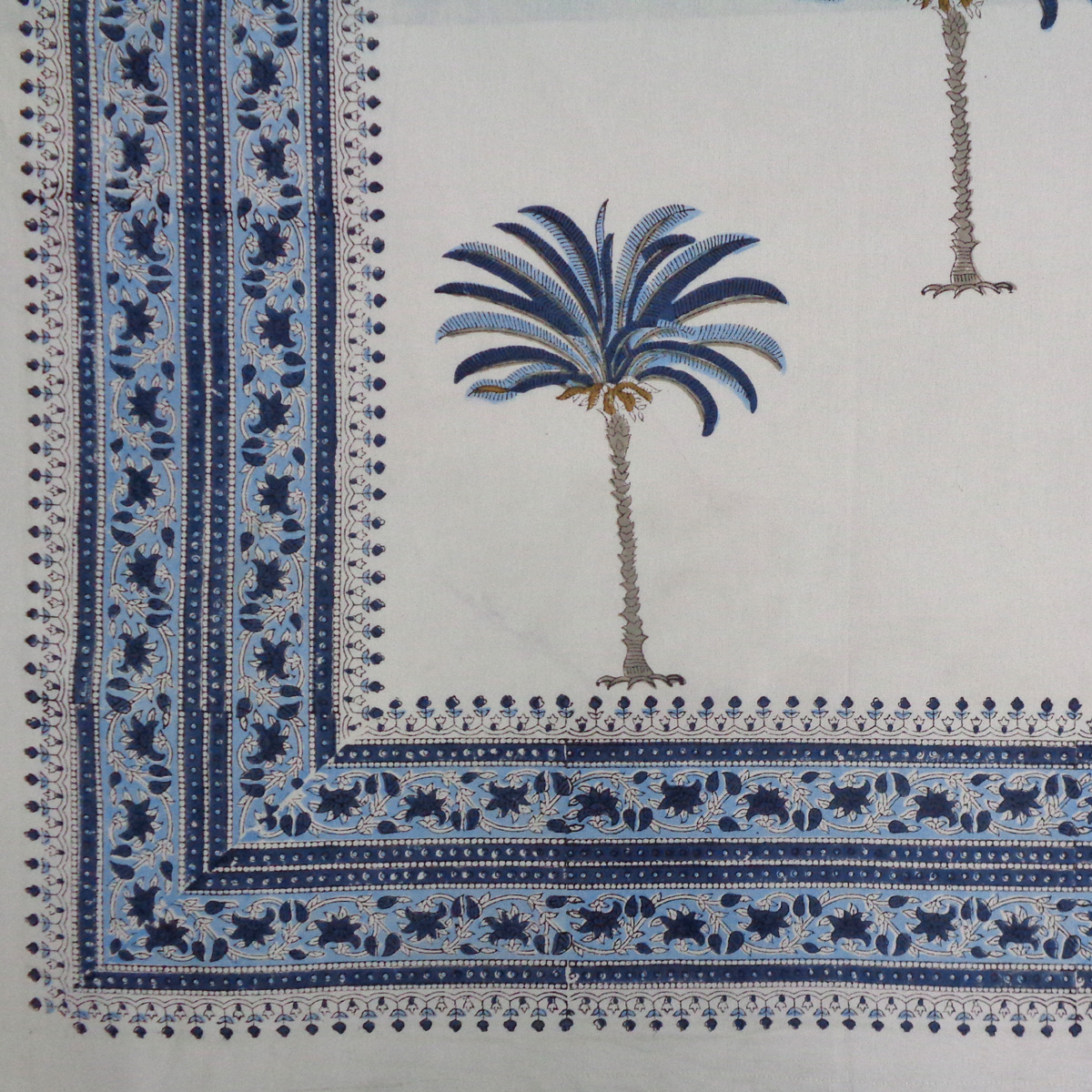 Tablecloth 10 seater in Cotton Hand Block Printed Cotton Tablecloth 200x300 cms Palm Tree Blue 109022