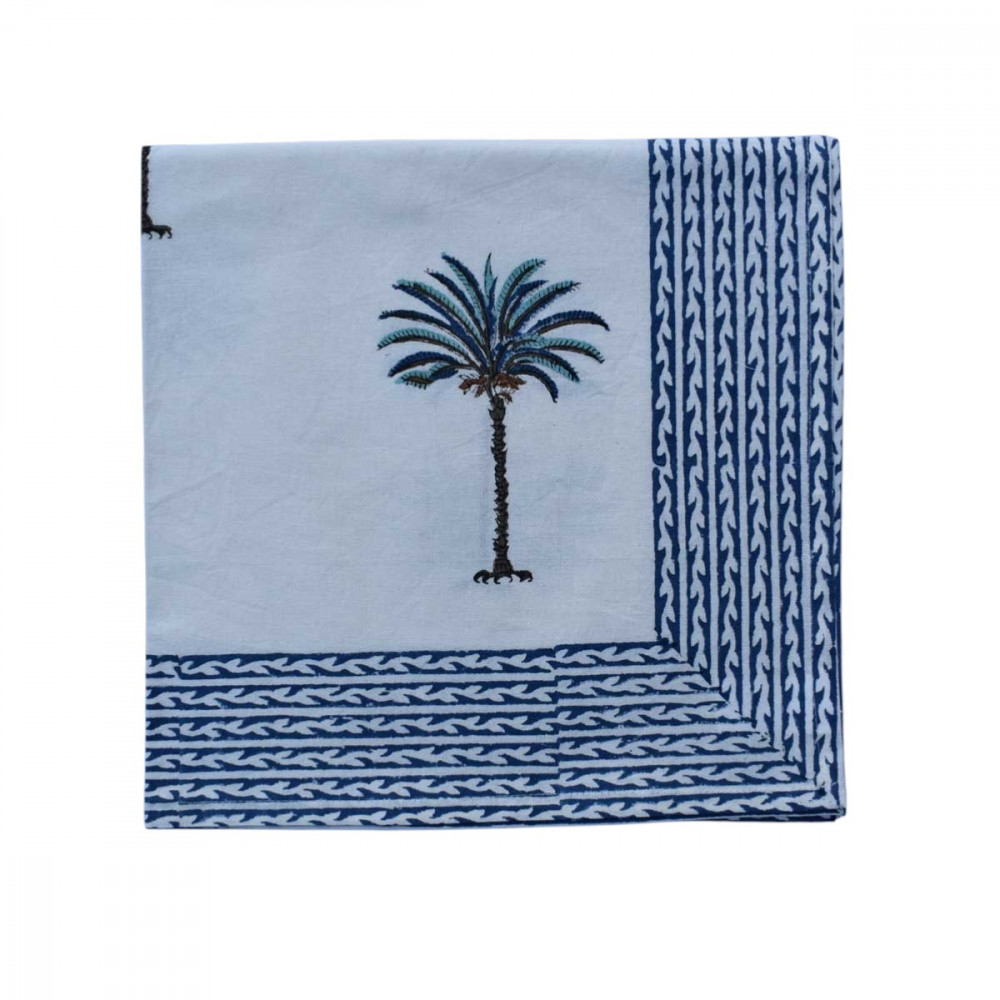 Image of Hand Block Printed Cotton Napkin 50x50 cms (Set of 4 Napkins) | Palm Tree Blue 109022