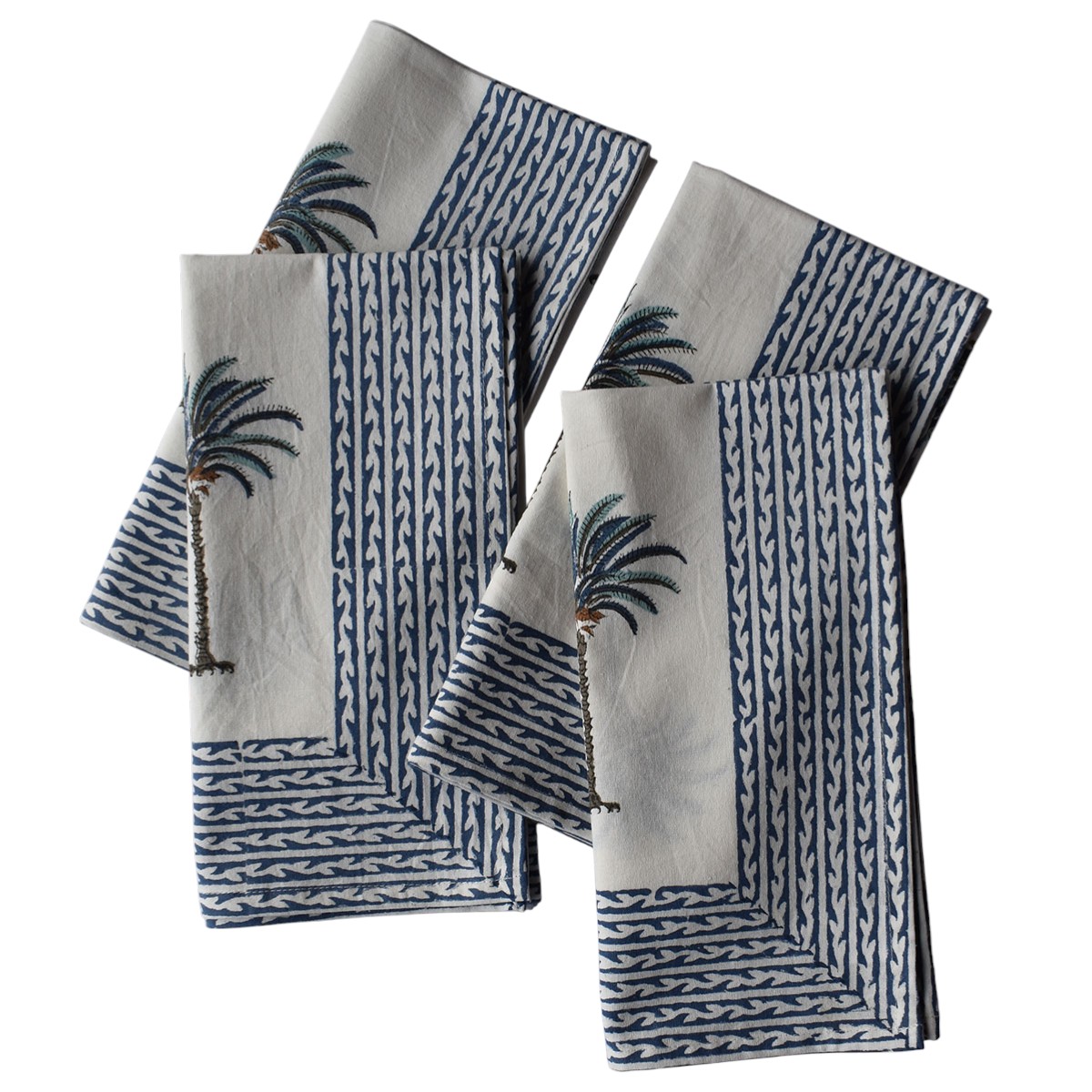 Hand Block Printed Cotton Napkin 50x50 cms Set of 4 Napkins Palm Tree Blue 109022