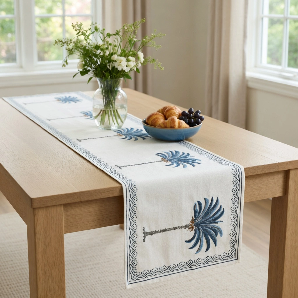 Hand Block Printed Cotton Canvas Table Runner 33x170 cms Palm Tree Blue 202032
