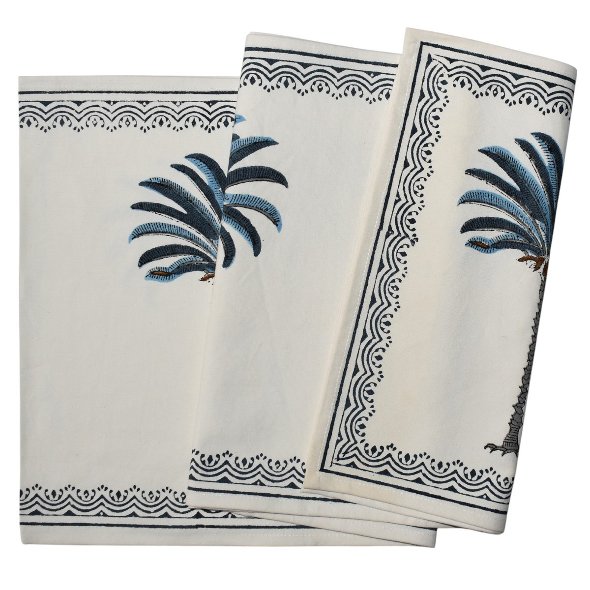 Hand Block Printed Cotton Canvas Table Runner 33x170 cms Palm Tree Blue 202032