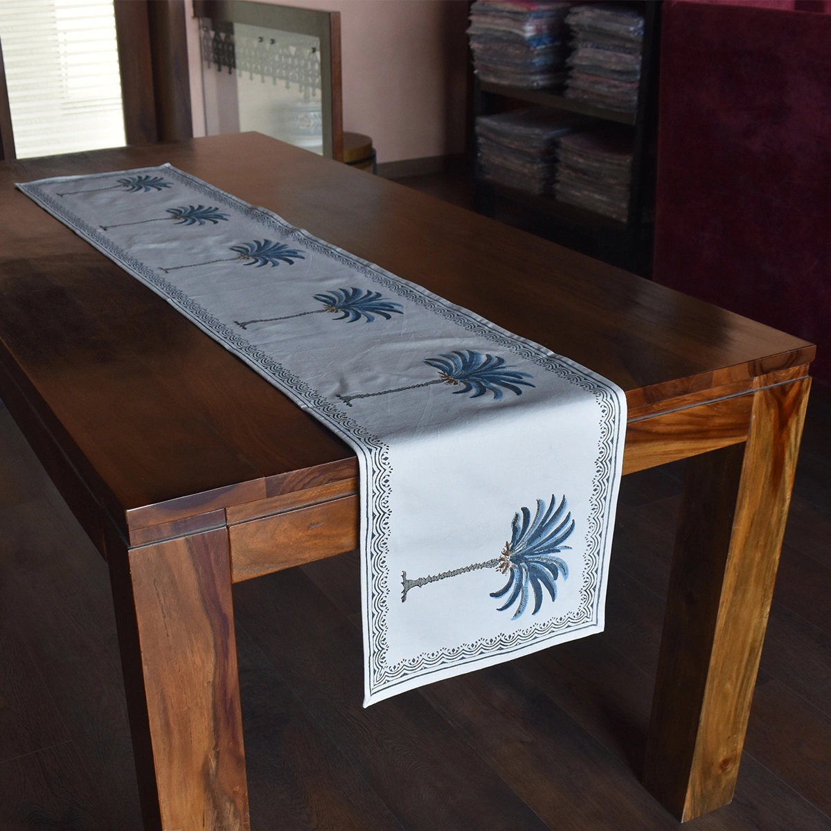 Hand Block Printed Cotton Canvas Table Runner 33x170 cms Palm Tree Blue 202032