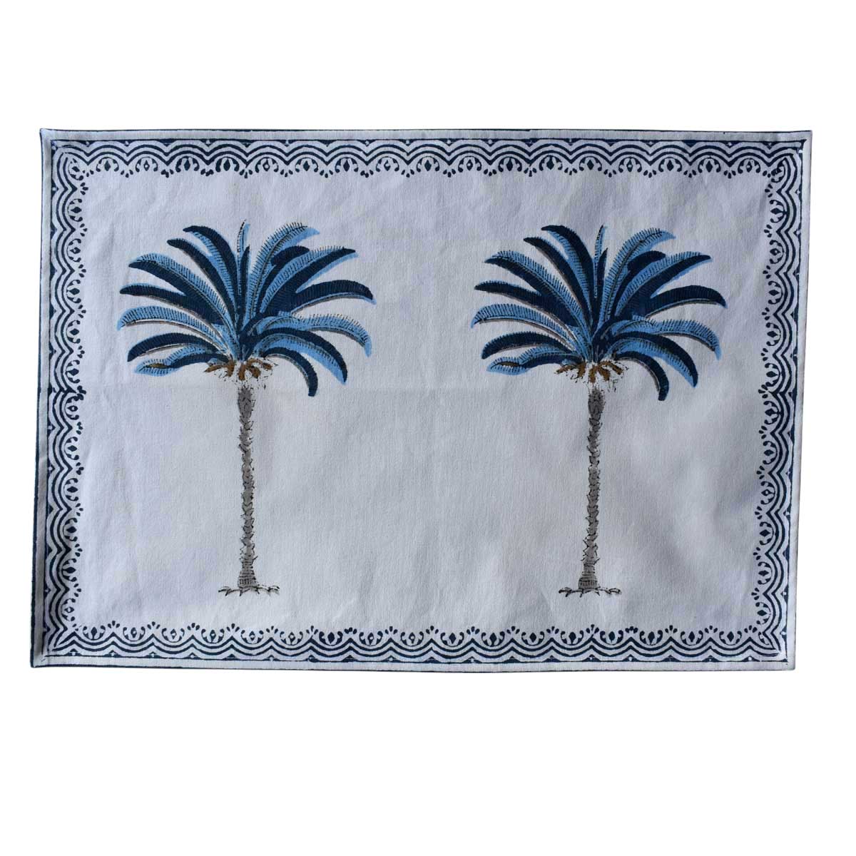 Hand Block Printed Cotton Canvas Table Mat 32x48 cms Set of 2 Table mats Palm Tree Blue 202087