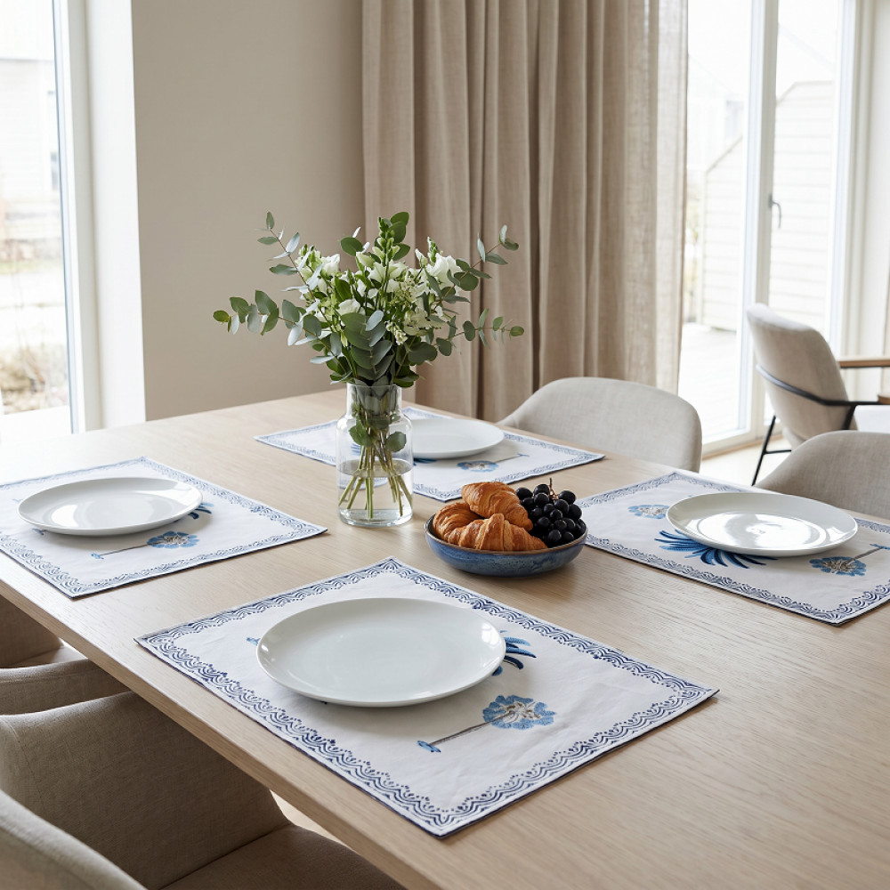 Image of Hand Block Printed Cotton Canvas Table Mat 32x48 cms (Set of 2 Table mats) | Palm Tree Blue 202087