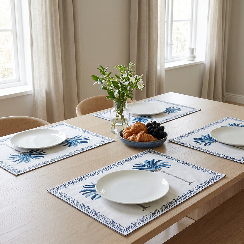 Hand Block Printed Cotton Canvas Table Mat 32x48 cms Set of 2 Table mats Palm Tree Blue 202087