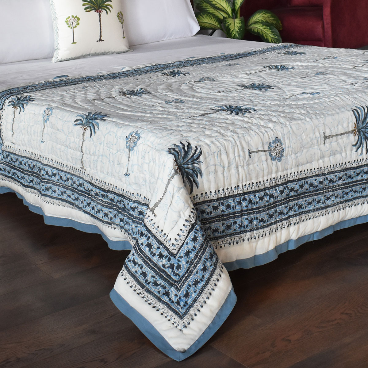 Hand Block Printed Cotton Twin Size Quilt Palm Tree Blue 203606