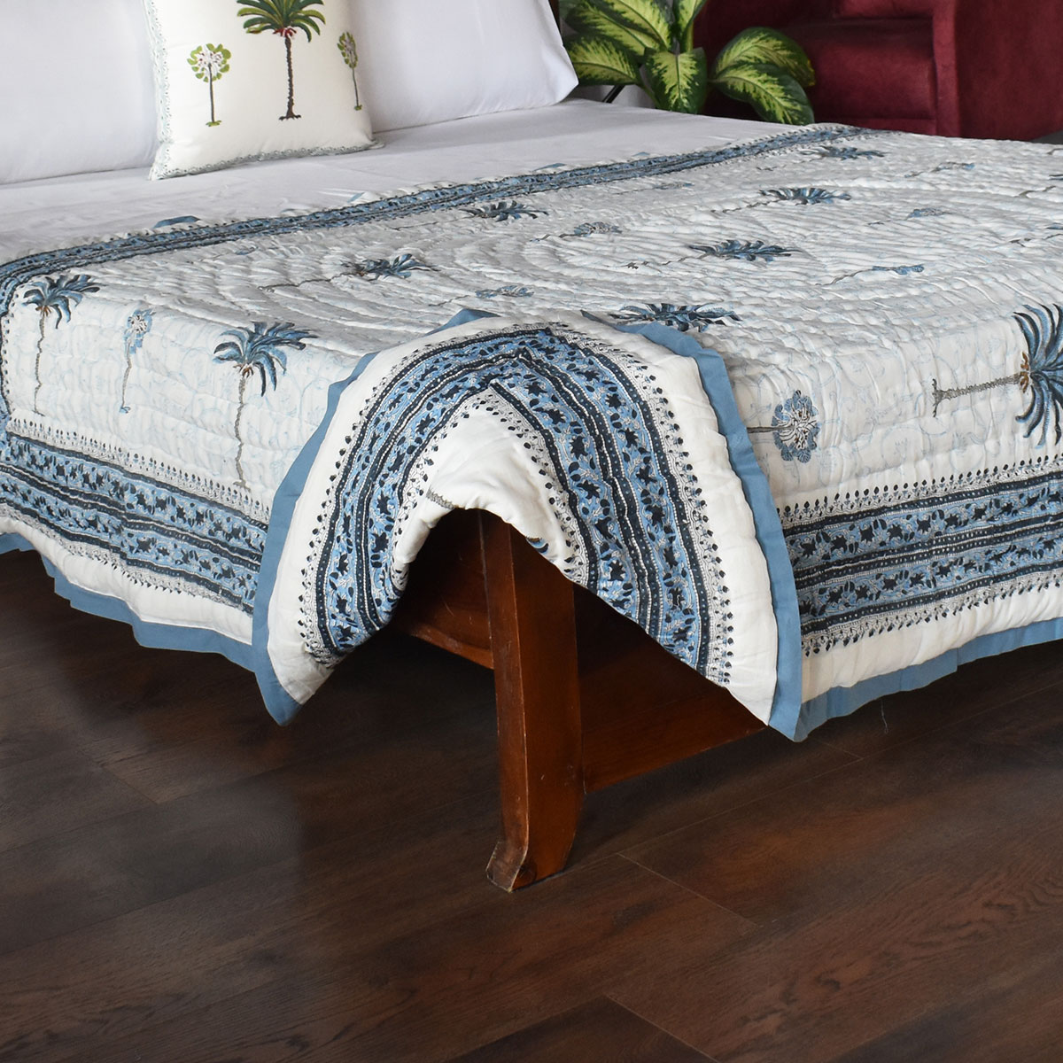 Hand Block Printed Cotton Twin Size Quilt Palm Tree Blue 203485
