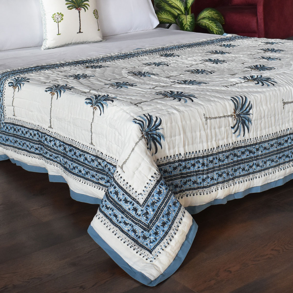 Hand Block Printed Cotton Twin Size Quilt Palm Tree Blue 203485