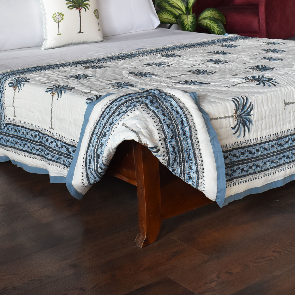 Hand Block Printed Cotton Twin Size Quilt  Palm Tree Blue 203485