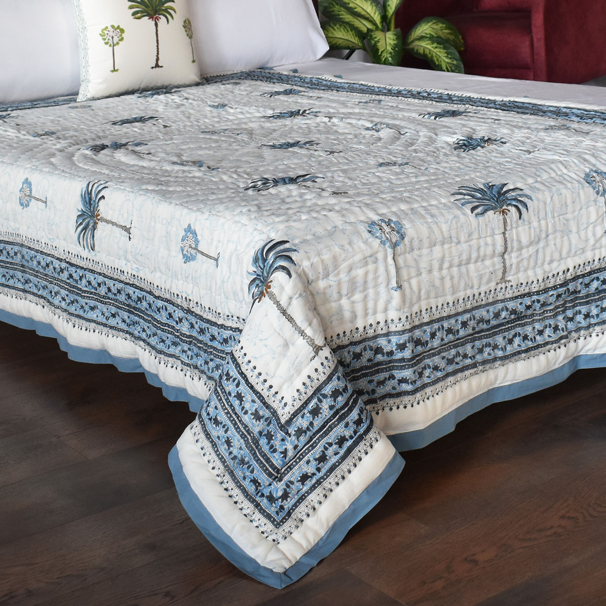 Hand Block Printed Cotton Twin Size Quilt Palm Tree Blue 203485