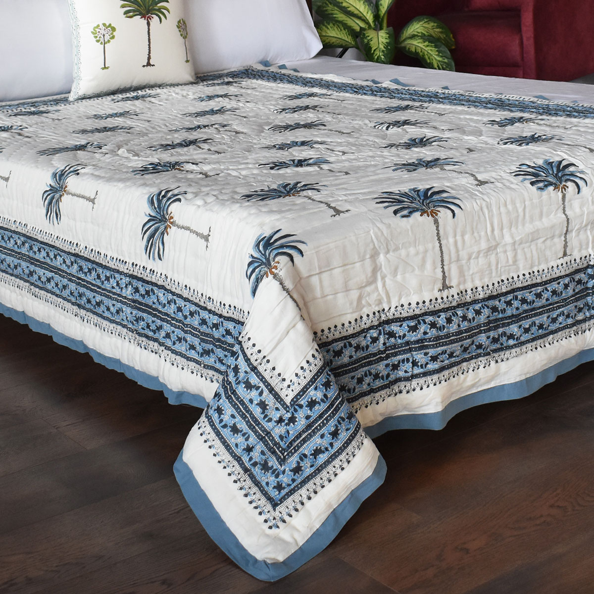 Hand Block Printed Cotton Twin Size Quilt Palm Tree Blue 203485