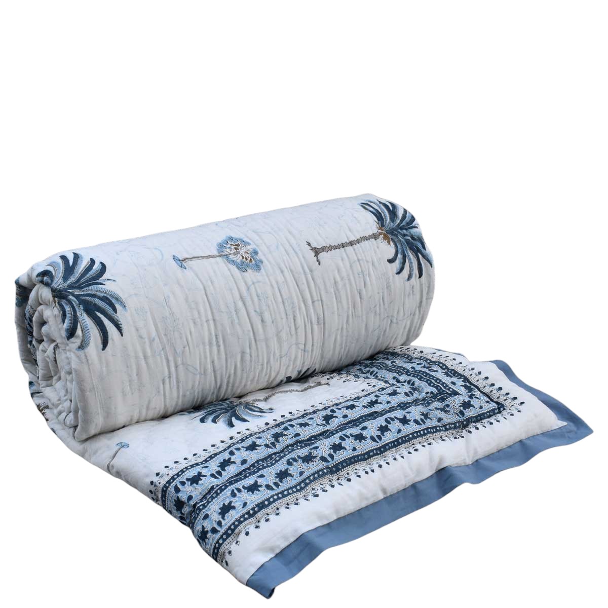 Hand Block Printed Cotton Queen Size Quilt  Palm Tree Blue 203606