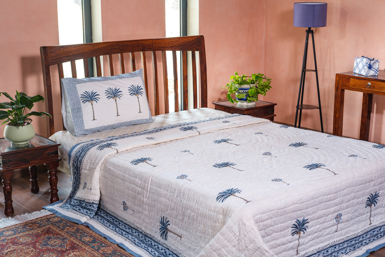 Hand Block Printed Cotton King Size Quilt Palm Tree Blue 203585