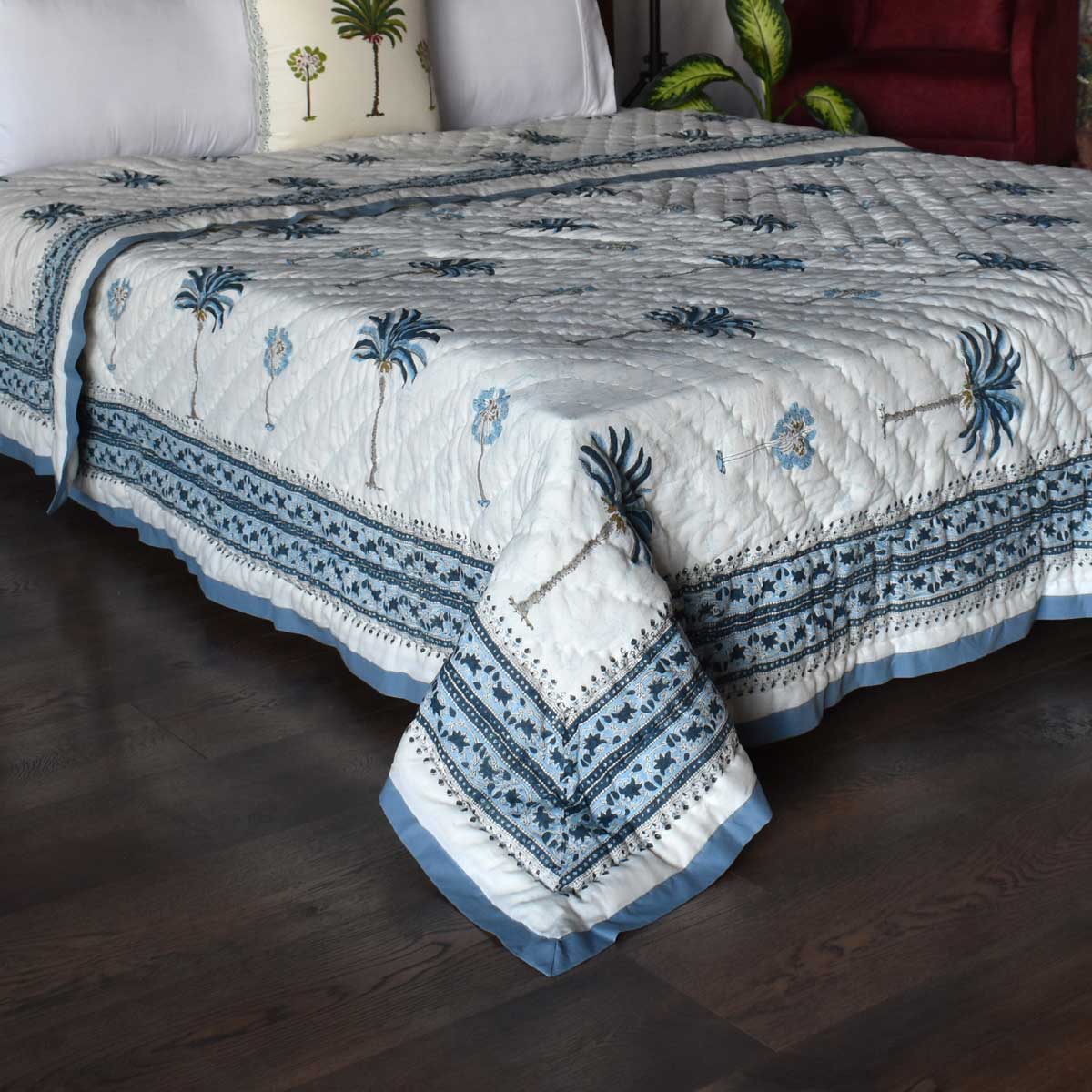 Hand Block Printed Cotton Queen Size Quilt Palm Tree Blue 203606