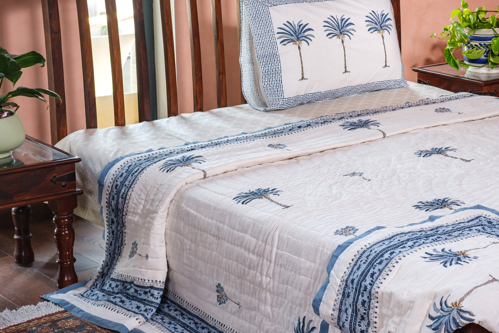 Hand Block Printed Cotton King Size Quilt Palm Tree Blue 203585