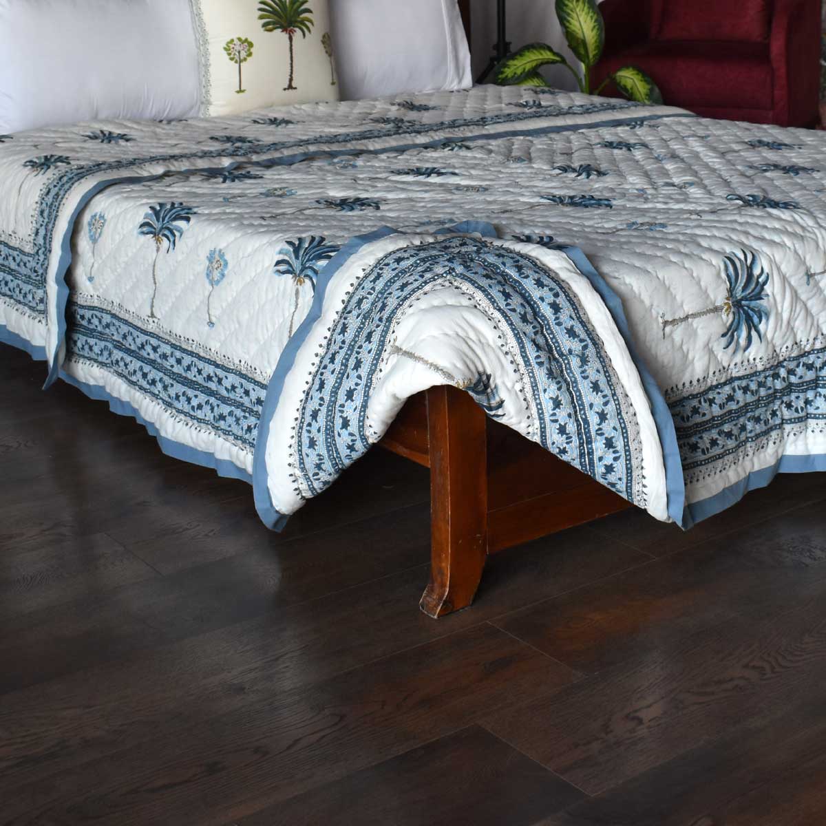 Hand Block Printed Cotton Queen Size Quilt  Palm Tree Blue 203606