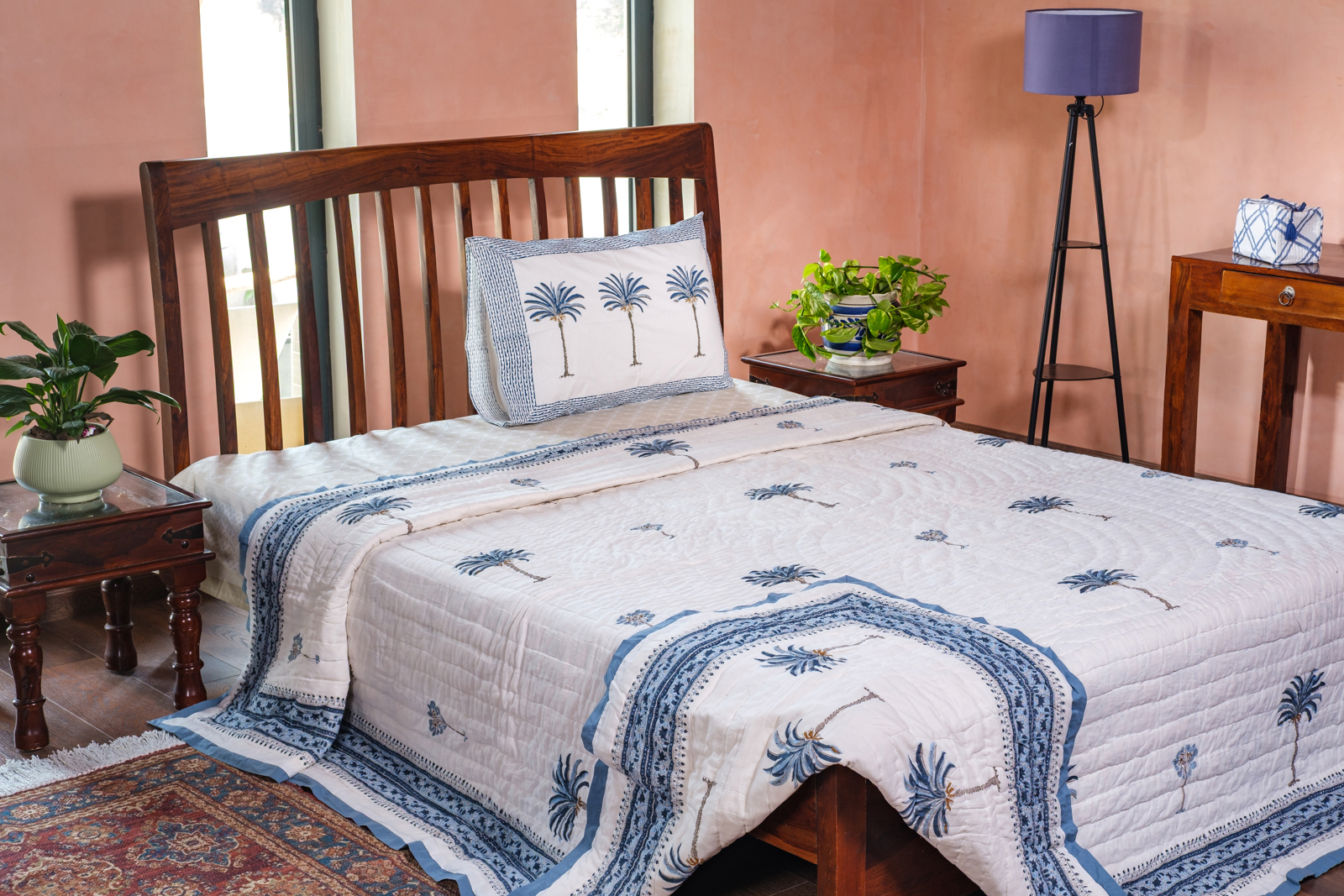 Hand Block Printed Cotton King Size Quilt Palm Tree Blue 203585